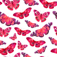Watercolor pattern with the image of transparent butterflies in pink colors on a white background