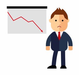 A businessman  or manager thinking, Down arrows, statistic financial graphic, Vector illustration in flat style isolated on the background