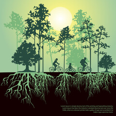 Split illustration with trees and roots. Family riding bicycles