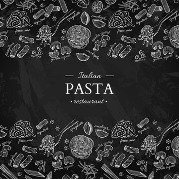 Italian pasta restaurant vector vintage illustration. Hand drawn chalkboard banner. Great for menu,