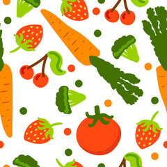 Healthy seamless pattern with vegetables in style cartoon. Сarrot, strawberry, broccoli, cherry, tomatoes. Hand drawn background.