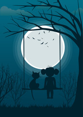 Little girl with cat sitting on tree swing over full moon at night. Back view