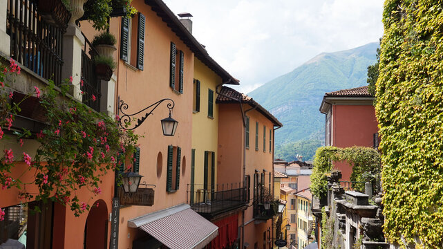 Detail of old scenic streets Salita Serbelloni in Bellagio, picturesque small town street view on Lake Como, Italy