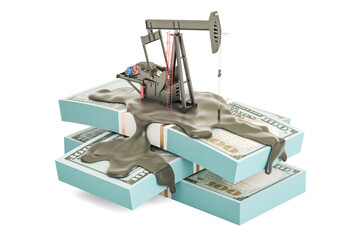 Oil production and trading concept. Oil pump jack with dollar packs, 3D rendering
