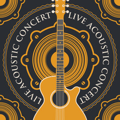 vector banner with an acoustic loudspeaker, guitar and the words live acoustic concert, written around on black background