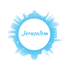 Silhouette Jerusalem Skyline with Blue Buildings. Circle style. 