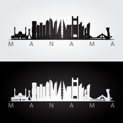 Manama skyline and landmarks silhouette, black and white design.