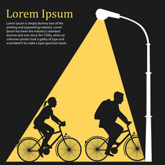 Lamppost lights on family riding bicycles, flat illustration