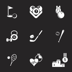 Fototapeta premium Icons for theme Sports. Black background, vector, icon, set