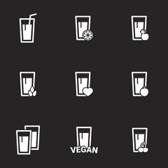 Collection of healthy food drinks, berry, fruit, vegetable. Vector set. Black background