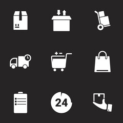 Icons for theme Logistic and delivery product. Black background