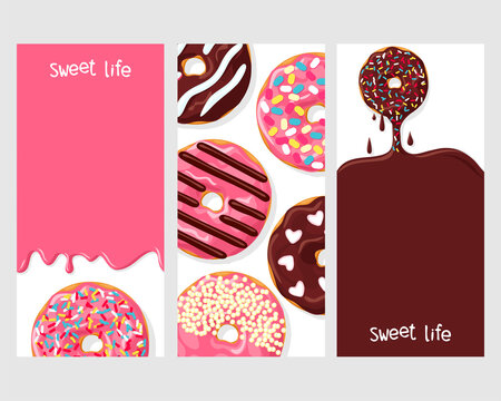 A set of three posters of donuts: chocolate donut dripping with glaze, donuts with different toppings, and icing flowing down on pink donut