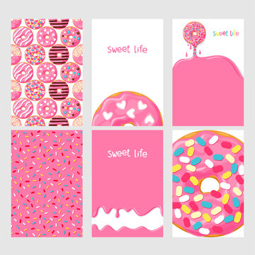Set of bright food cards. Set of donuts with pink glaze. Donut seamless pattern, background, card, poster.  Donut's glaze pattern, background. Template for design.