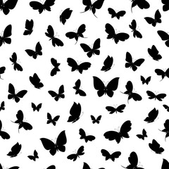 Black silhouettes of butterflies on a white background seamless pattern. Vector illustration