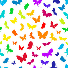 Fototapeta na wymiar Rainbow colorful silhouettes of butterflies on a white background seamless pattern. 