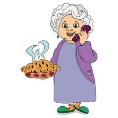 Grandma is cooking, pie, talking on the phone
