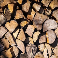 Pile of firewood. Stack of chopped tree logs nature background texture. Firewood stacked. Chipped...