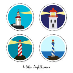 Cartoon stickers with lighthouses on white background.