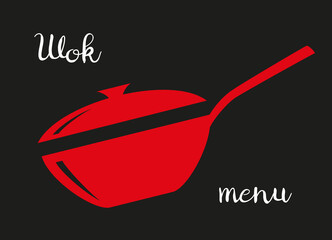 Wok frying pan icon on black background.
