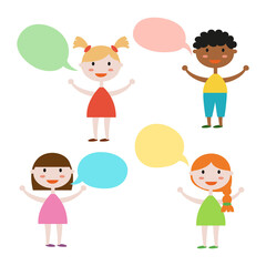 Cute set of kids with speech bubbles on white background.
