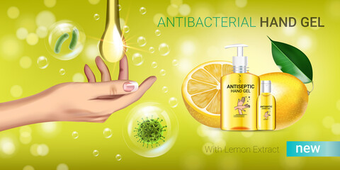 Lemon flavor Antibacterial hand gel ads. Vector Illustration with antiseptic hand gel in bottles and lemon elements.