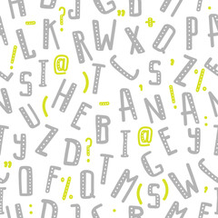 Seamless pattern with gray letters of the alphabet and green punctuation marks in random order on a white background.
