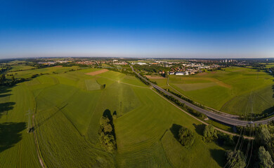 Fototapeta na wymiar Aerial panorama view of the meadows and river Regnitz at Erlangen