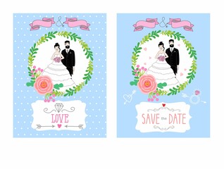 illustration of a bride and groom. Vintage wedding invitation with  place for text. Cartoon wedding invitation with a smiling couple. wedding card design,