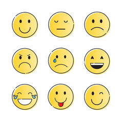 Yellow Smiling Cartoon Face Positive People Emotion Icon Set Vector Illustration