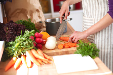 Young woman cutting vegetables in the kitchen