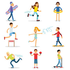 Fototapeta na wymiar Teenagers children playing sports set. Children physical activity vector illustrations