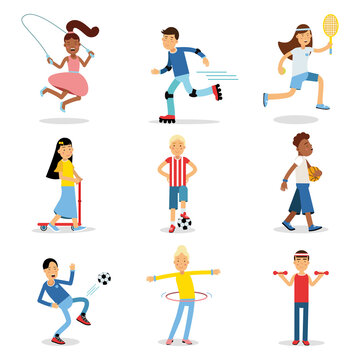 Teenagers doing different sport set. Children physical activity vector illustrations