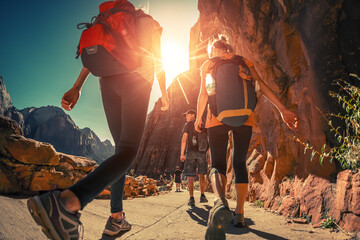 Hikers with backpacks walk on the trail in canyon of Zion National Park, USA - obrazy, fototapety, plakaty