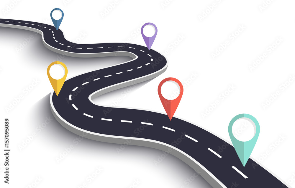 Poster winding road on a white isolated background. road way location infographic template with pin pointer