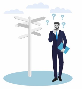 Business people concepts. Businessman standing at a crossroad and looking directional signs arrows.  vector illustration.