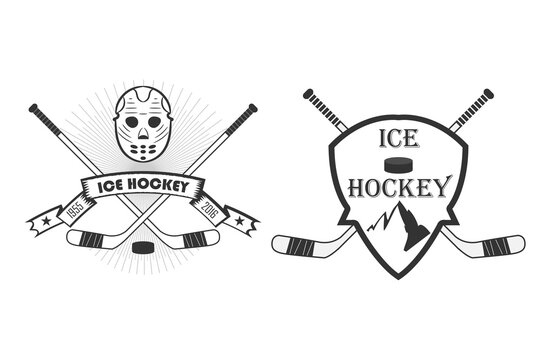 hockey logo. the player with the stick. washer. monochrome vector illustration.