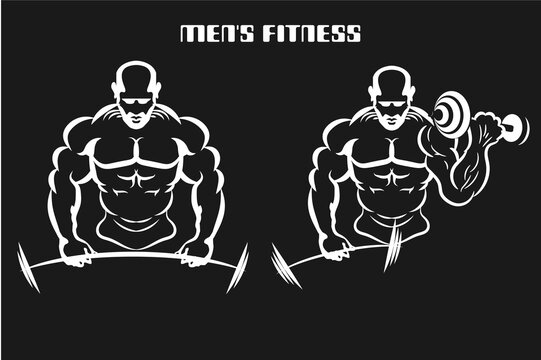 inflated man muscle swinging weights. monochrome vector illustration. logo for a fitness club.