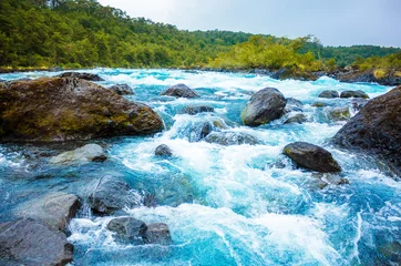 Zelfklevend Fotobehang Clear blue mountain river © Yury Gubin