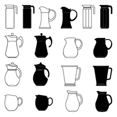Set of jars of different shapes to water in the form of contours and silhouettes