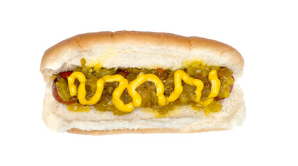Hotdog with mustard and relish