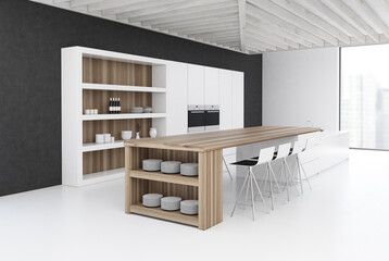Black wall kitchen with a bar, side