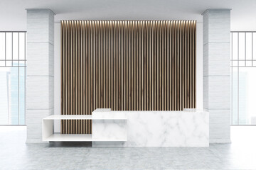 White marble reception, wood blinds
