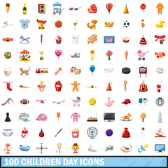 100 children day icons set, cartoon style