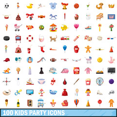 100 kids party icons set, cartoon style