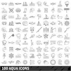 100 aqua icons set, outline style