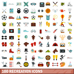 100 recreation icons set, flat style