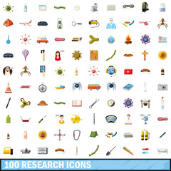 100 research icons set, cartoon style