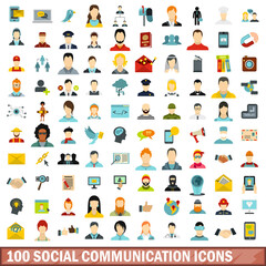 100 social communication icons set, flat style
