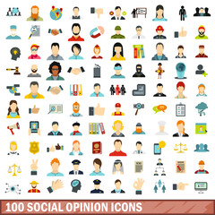 100 social opinion icons set, flat style