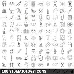 100 stomatology icons set, outline style